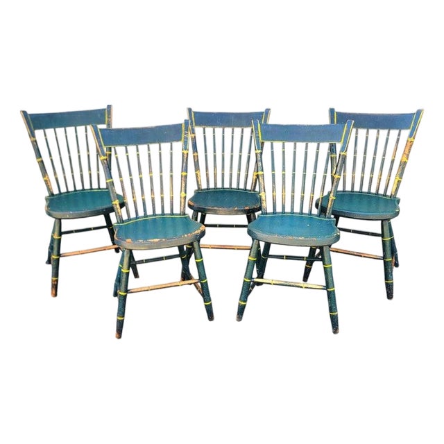 19Thc Origin. Green Paint & Mustard Stripe Thumb Back Windsor Chairs Set of Five For Sale