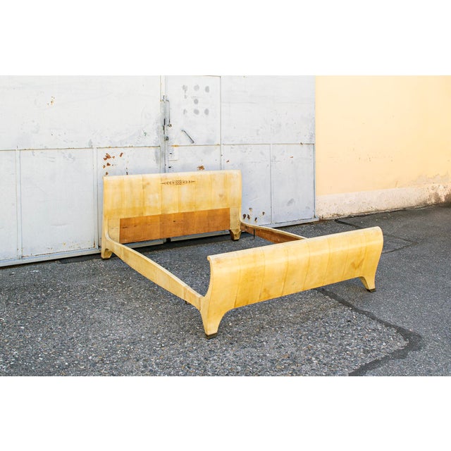 Mid-Century Modern Wooden Parchment, and Brass Bed, Italy, 1940s For Sale - Image 3 of 8
