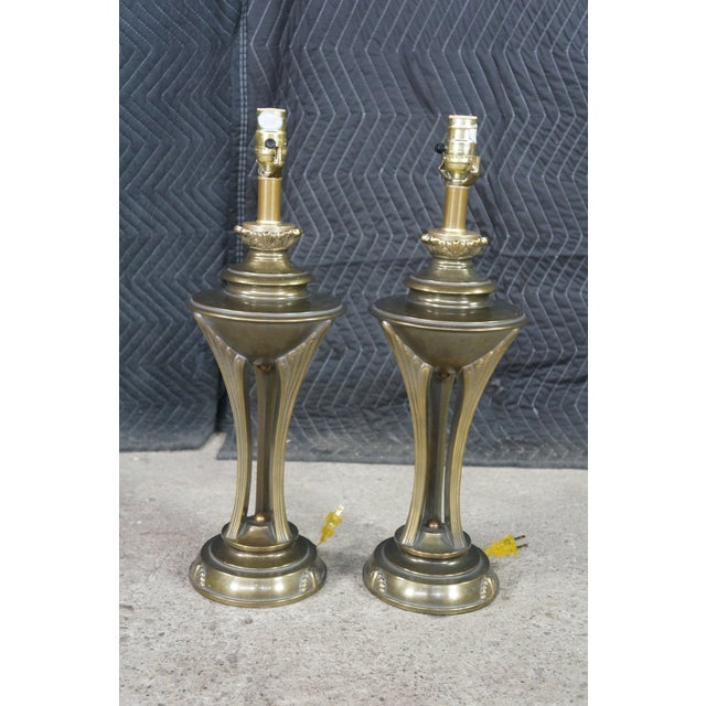 2 Art Deco Hollywood Regency Style Tapered Brass Buffet Table Lamps Pair For Sale - Image 6 of 16