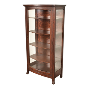 Berkey & Gay Antique Victorian Carved Oak Curved Glass Bookcase or Display Cabinet, Circa 1900