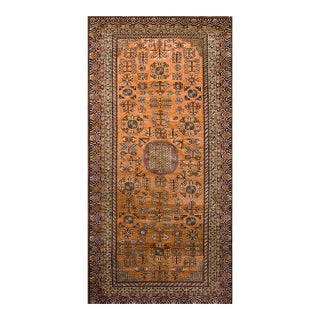 1900s Salmon Medallion Antique Chinese Khotan Rug 5'8" X 11'4" Handknotted Wool Carpet For Sale