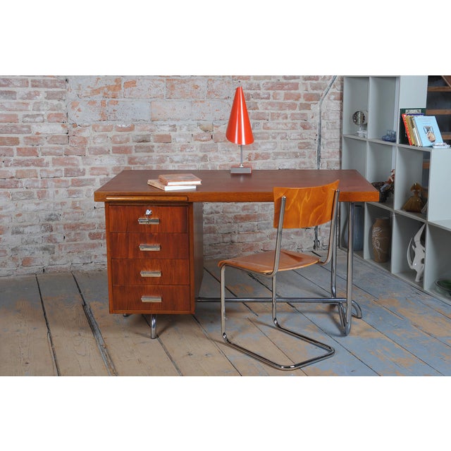 Bauhaus Writing Desk in Oak and Chrome attributed to Hynek Gottwald, Czechia, 1930s For Sale - Image 10 of 15