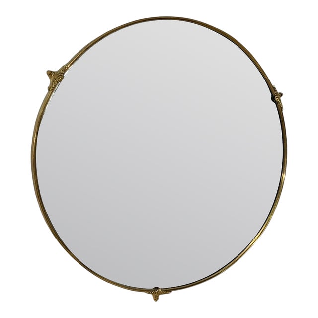 Round Brass-Framed Wall Mirror With Decorative Mounts, Italy 1960s For Sale