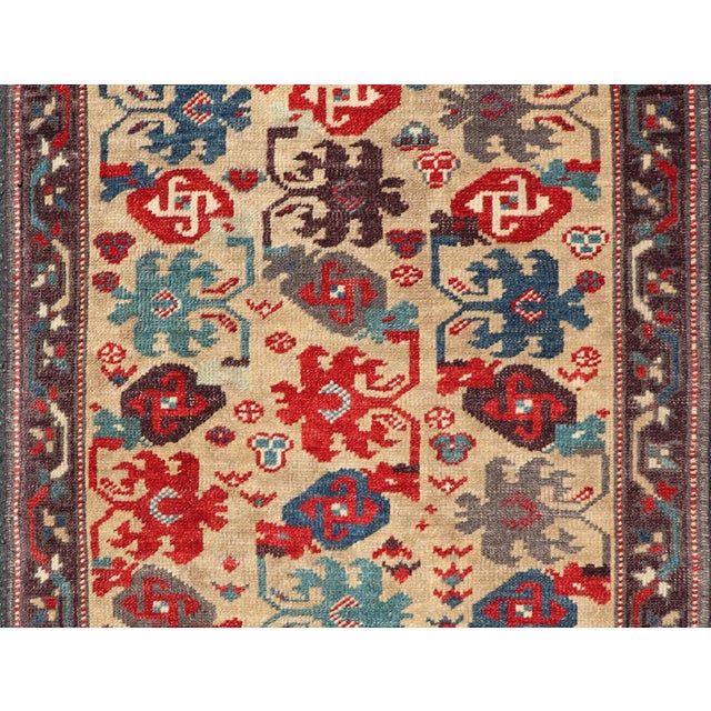 Tribal Vintage Turkish Oushak Rug With Bold Red, Blue, and Gray Tribal Motifs For Sale - Image 3 of 10