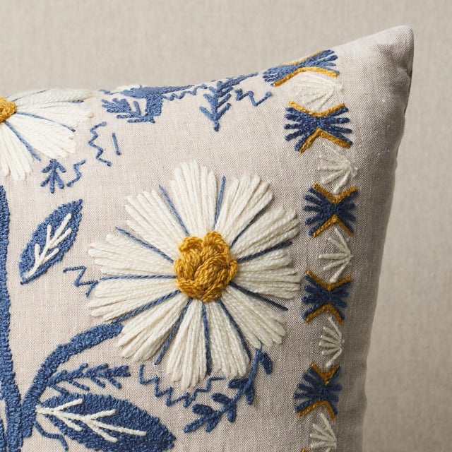 Schumacher Schumacher Marguerite Embroidery 20" Pillow in Blue & Ochre For Sale - Image 4 of 4