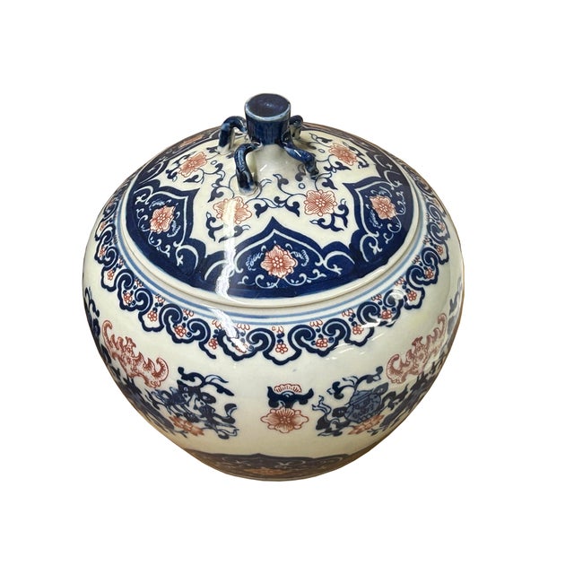 Oriental Blue White Red Symbol Bats Graphic Porcelain Round Container Box For Sale - Image 4 of 12