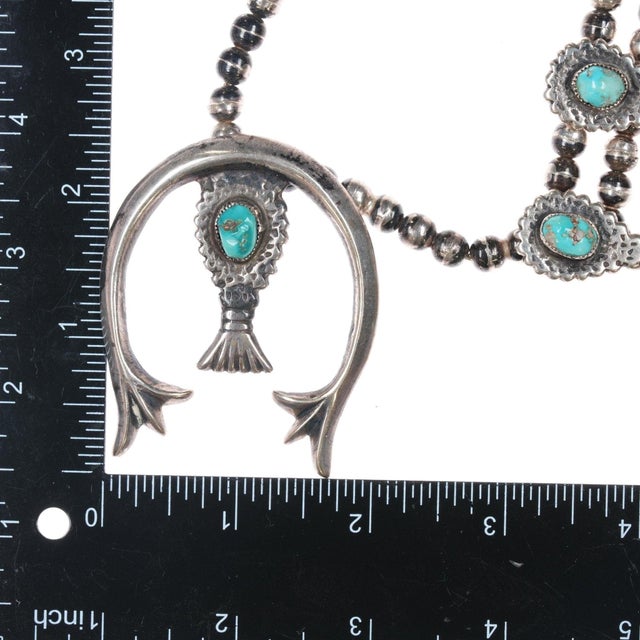 27" C1960's Native American Cast Silver and Turquoise Squash Blossom Necklace For Sale In Austin - Image 6 of 9