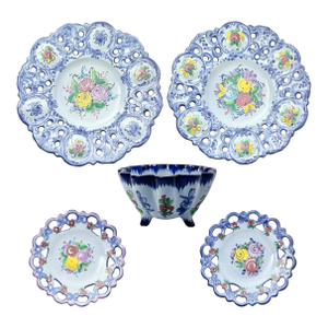 1970s 5-Piece Vintage Vestal Alcobaca Portugal Reticulated Decorative Pottery Bowl & Plates