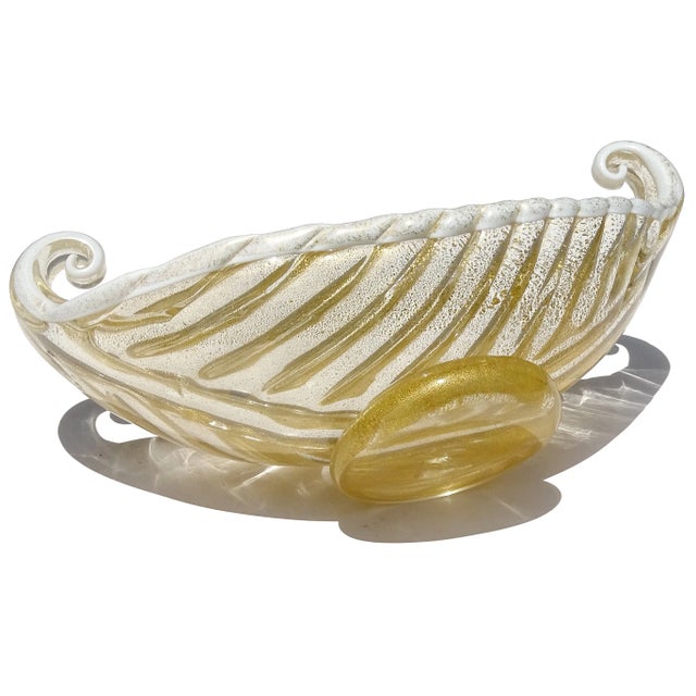 Glass Vintage Barovier Toso Murano Gold Leaf White Trim Italian Art Glass Gondola Shaped Footed Bowl For Sale - Image 7 of 8