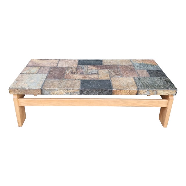 Mixed Slate & Oak Coffee Table from Van Bennekom, Netherlands, 1970s For Sale