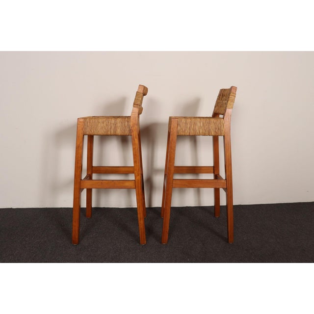 Michael van Beuren Pair of Vintage Mexican Modern Pine and Woven Palm Bar Stools by Muebles Austin For Sale - Image 4 of 18