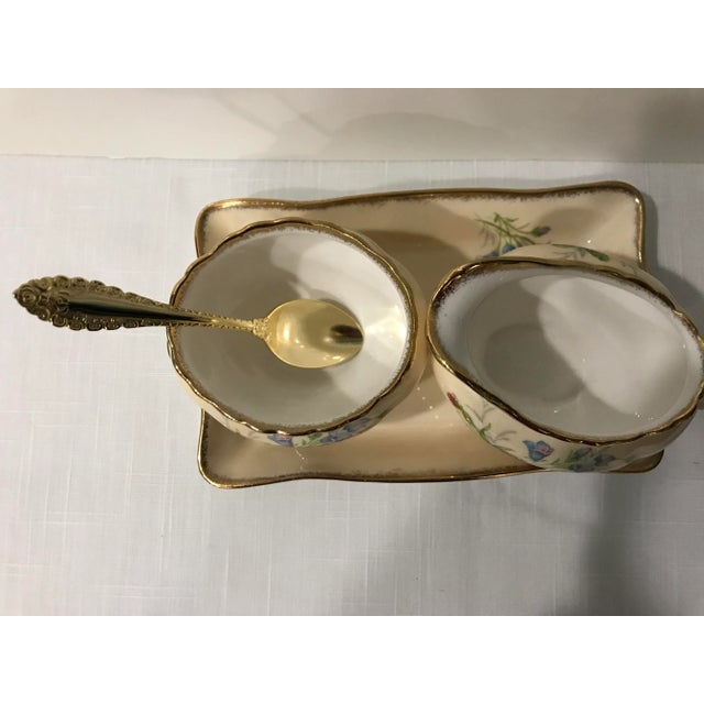 This is an exquisite Foley Bone China set including sugar, creamer and tray made complete by a gold colored stainless demi...
