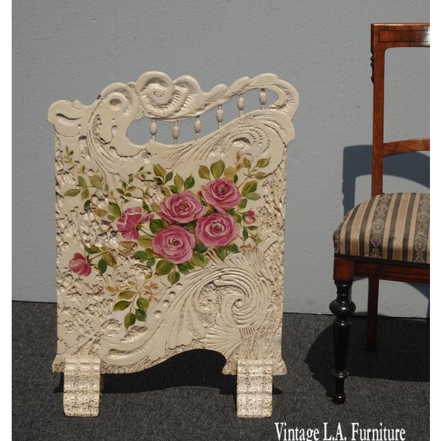 Vintage French Country White Wood Pink Floral Fireplace Screen Room Decor For Sale - Image 13 of 13
