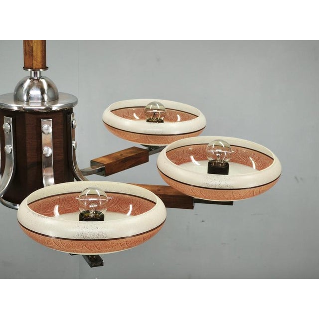 1930s Large Art Deco Wood and Glass Six-Light Chandelier in Chrome, 1930s For Sale - Image 5 of 16