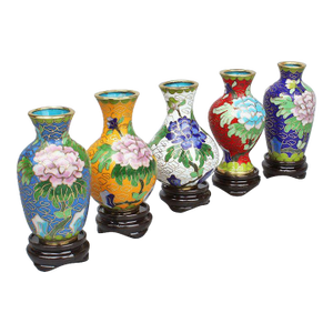 Set of 5 Miniature Chinese Cloisonné Vases | Floral Motif With Wood Stands & Box