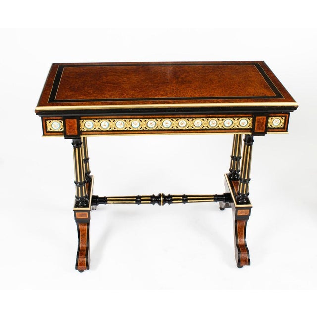 Antique 19th Century Amboyna Card Console Tables with Porcelain Plaques, Set of 2 For Sale - Image 3 of 18