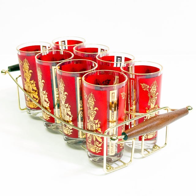 Absolutely stunning vintage mid-century modern barware set by Culver featuring the iconic “Thai Goddess” pattern in rich...