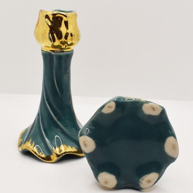 Hollywood Regency Trompe l'Oeil Candle in Turquoise and Gold Faience - a Pair For Sale - Image 4 of 6