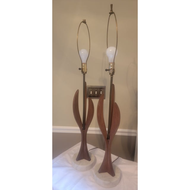 1960's Sculptural Mid-Century Wood Table Lamps With Carrara Marble Base - A Pair For Sale - Image 14 of 18