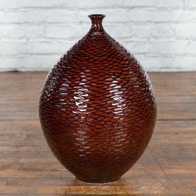 Prem Collection Handcrafted Burgundy Vase with Textured Honeycomb Style Motifs For Sale In New York - Image 6 of 12