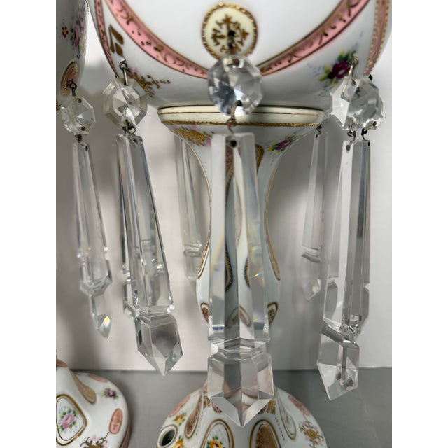 Glass Vintage Occupied Japan Porcelain Mantle Lustre Lamp Bases W/ Crystal Spear Prisms - Pair For Sale - Image 7 of 10