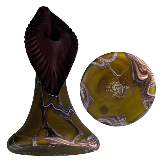Vintage Essie Zareh Baijan Abstract Jack in the Pulpit Green & Brown Art Glass Vase For Sale - Image 17 of 18