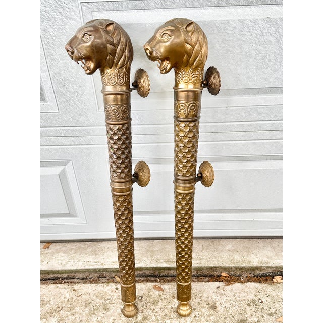 Asian Monumental Brass Lion Repousse Door Handles- A Pair For Sale - Image 3 of 7