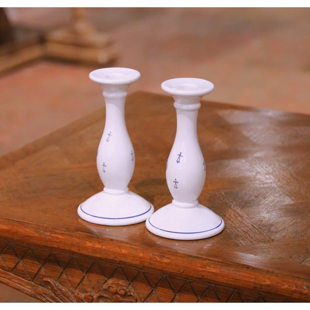 French Faience Candlesticks, Hand-Crafted, Fleur-De-Lys Design, 1980 For Sale - Image 9 of 13