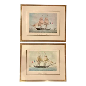 1950s L’age De La Marine a Voile Hachette Pair of French Navel Color Plate Prints Framed