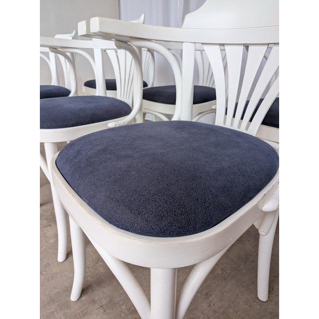 Vintage White Bentwood Dining Chairs with Blue Fabric Seats, 1970s, Set of 6 For Sale - Image 10 of 18