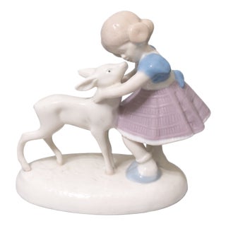 Vintage Hand Painted Pastel Porcelain Sculpture of Girl and the Fawn, 1950s For Sale