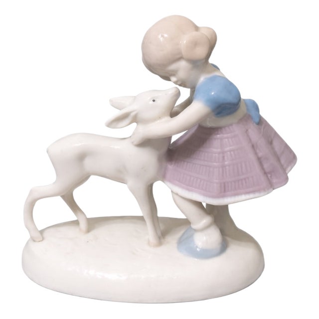 Vintage Hand Painted Pastel Porcelain Sculpture of Girl and the Fawn, 1950s For Sale