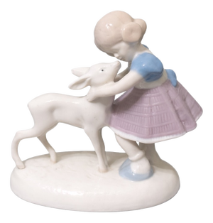 Vintage Hand Painted Pastel Porcelain Sculpture of Girl and the Fawn, 1950s