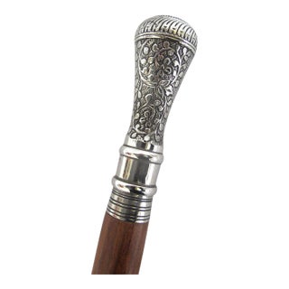 Victorian Floral Chased Silver Plate Cigar Smugglers Walking Stick Cane For Sale