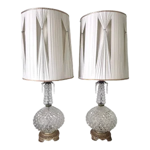 1960s Crystal Lamps With Brass Bases and Shades- a Pair