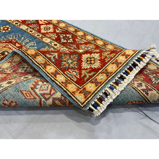 Blue and Rust Red Kazak Wool Runner Rug, Tribal Hallway Rug, 2'6" X 10'6" For Sale - Image 11 of 17