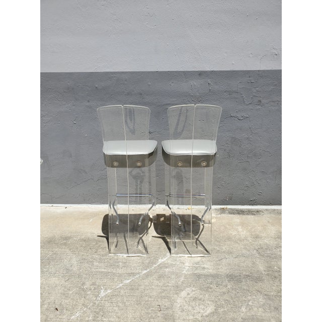 Late 20th Century Vintage Lucite & Chrome Barstools - a Pair For Sale - Image 5 of 9