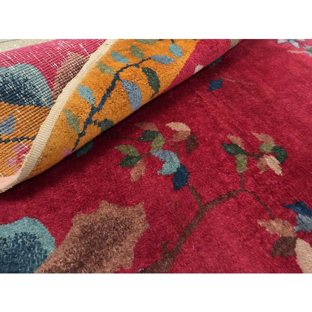 Galerie Shabab Collection Oval Mid-20th Century Handmade Chinese Art Deco Accent Rug in Red and Goldenrod For Sale - Image 9 of 9