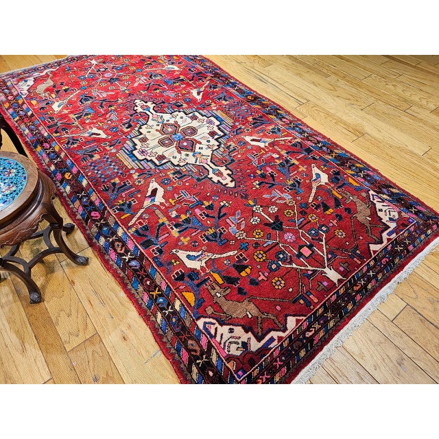 Red Vintage Persian Hamadan Gallery Area Rug, Hand-Knotted Wool, Tribal Bird Pattern, 6x10, Red & Navy For Sale - Image 8 of 18
