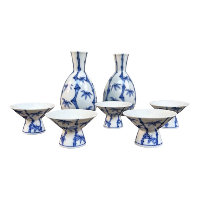 Japanese Arita Porcelain Sake Set with Bamboo Motif, 1970s-1980s, Set of 7 For Sale
