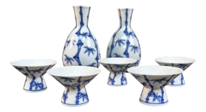 Japanese Arita Porcelain Sake Set with Bamboo Motif, 1970s-1980s, Set of 7