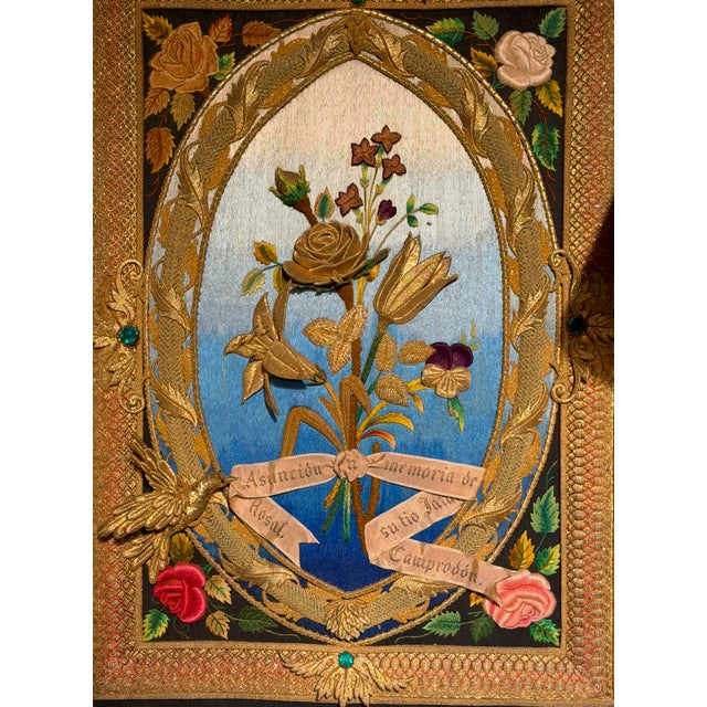 This exceptional 19th-century Spanish textile art piece serves as a memorial tribute or token of remembrance (En memoria...