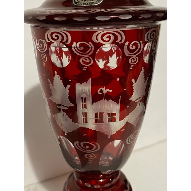 Ruby cut to clear crystal urn. Exquisite hand cut decoration.