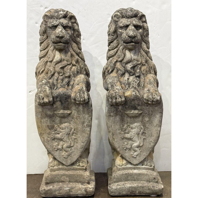 English Pair of Cast Stone Armorial Lion Garden Statues From England - Two Available For Sale - Image 3 of 15