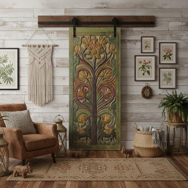 Hand-Carved Tree of Life Barn Door Panel in Earthy Patina | Vintage Architectural Wall Art 84x36 For Sale In Orlando - Image 6 of 11