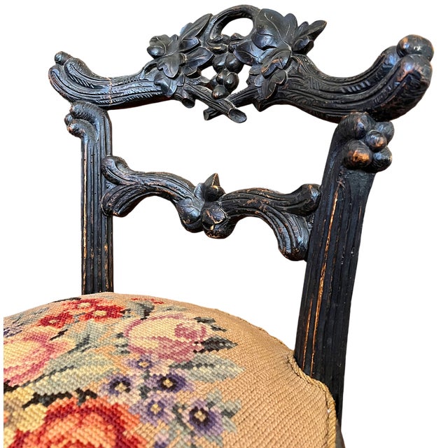 Rustic European Antique 19th Century Hand-Carved Ebonized Faux Bois Aesthetic Movement Side Chair With Floral Needlepoint Seat For Sale - Image 3 of 16