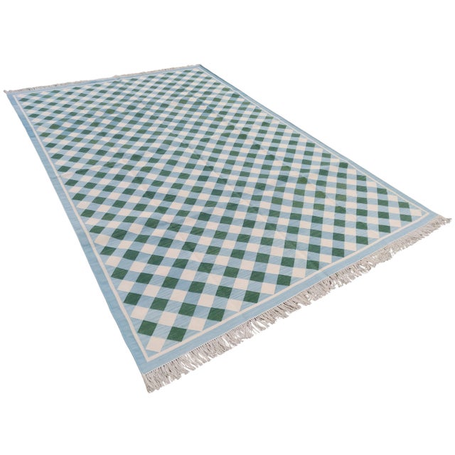 Cotton Checked Gingham Reversible Rug - 6x9. These special flat-weave dhurries are hand-woven with 15 ply 100% cotton...