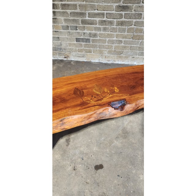 Handcrafted Live Edge Cherry Bench With Leaf Motif Inlays by Pj Spring For Sale In Philadelphia - Image 6 of 9