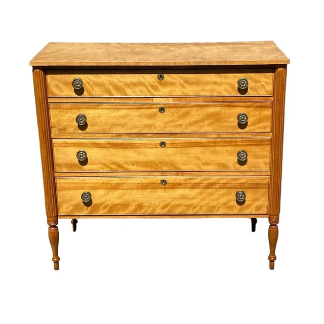 Bay Colony Antiques is proud to offer for sale this wonderful early 19th century antique New Hampshire Flame Birch chest...