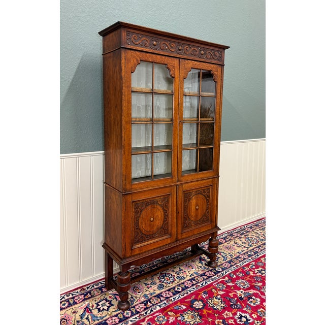 Wood Antique English Bookcase Bookshelf Cabinet Double Door Wavy Glass Oak c.1930s For Sale - Image 7 of 17
